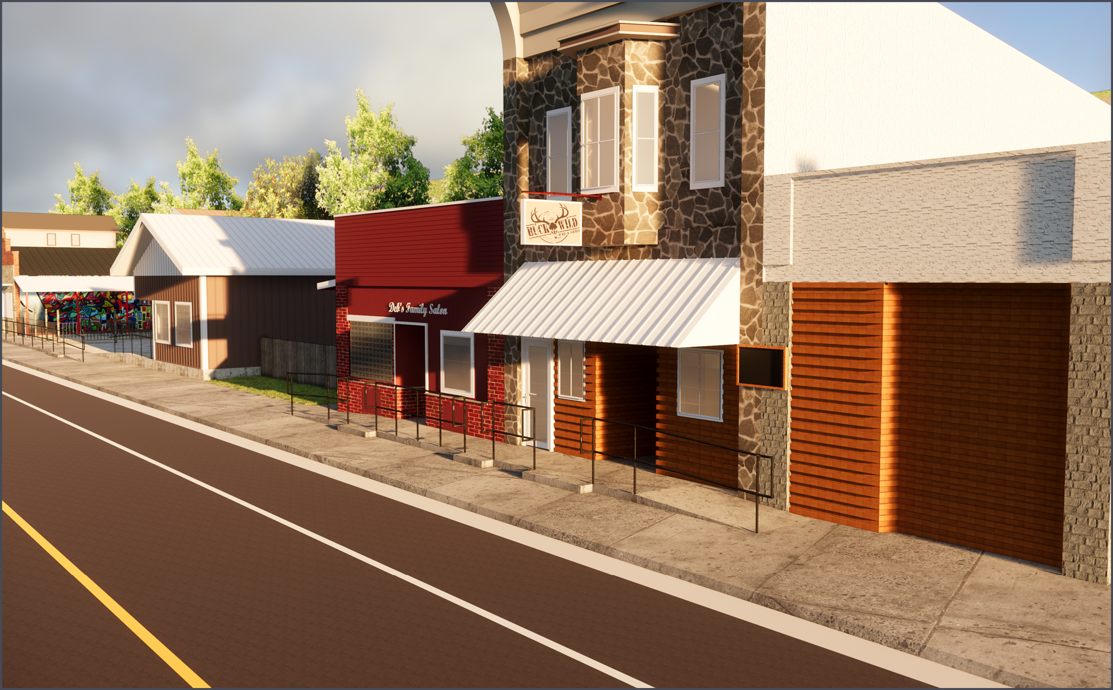 sidewalks with different levels and metal railings in front of two buildings